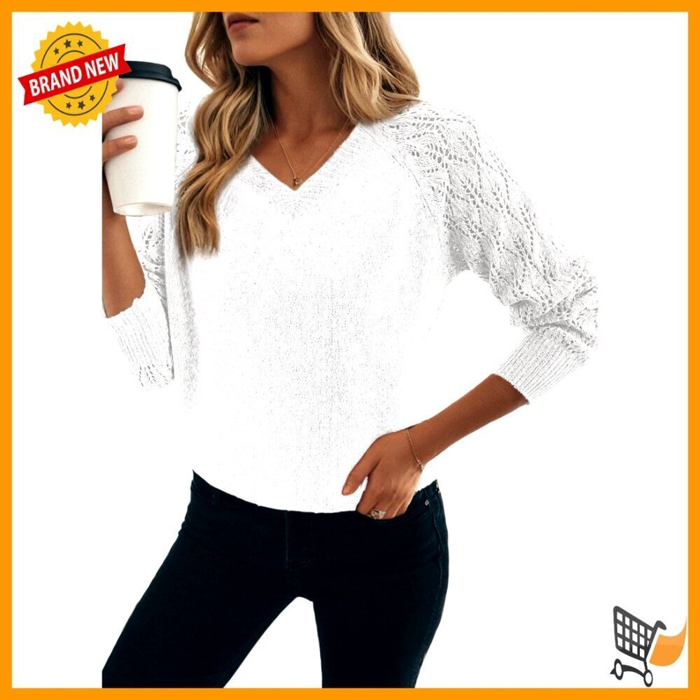 Crochet Pullover Sweater Lightweight Loose Fit V Neck Boho Chic Fall Winter